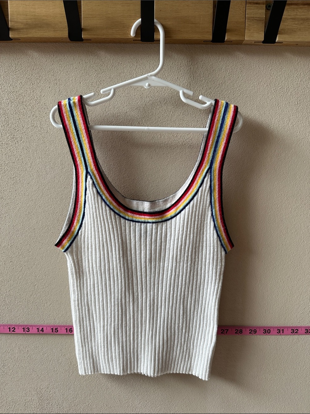Vintage Forever 21 Ribbed White Tank Crop Top with Rainbow Trim